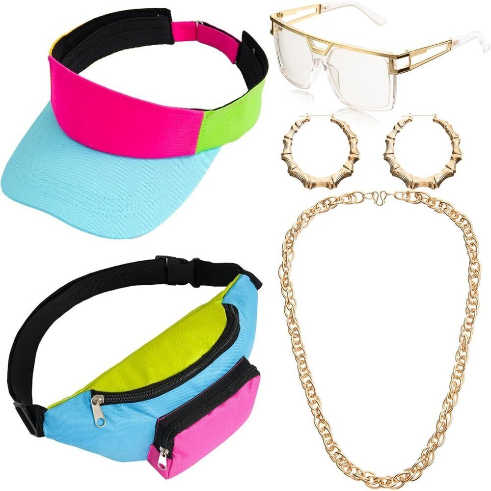 80s 90s Hip Hop Costume Women Accessories Fanny Pack Hat Earrings Necklace